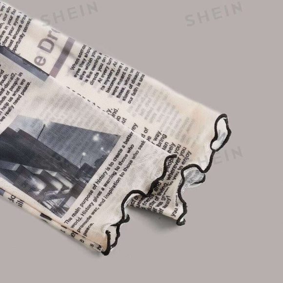 NWT X Sanya Newspaper Print Lettuce Trim Mock Neck Crop Mesh Top Small - Picture 4 of 7